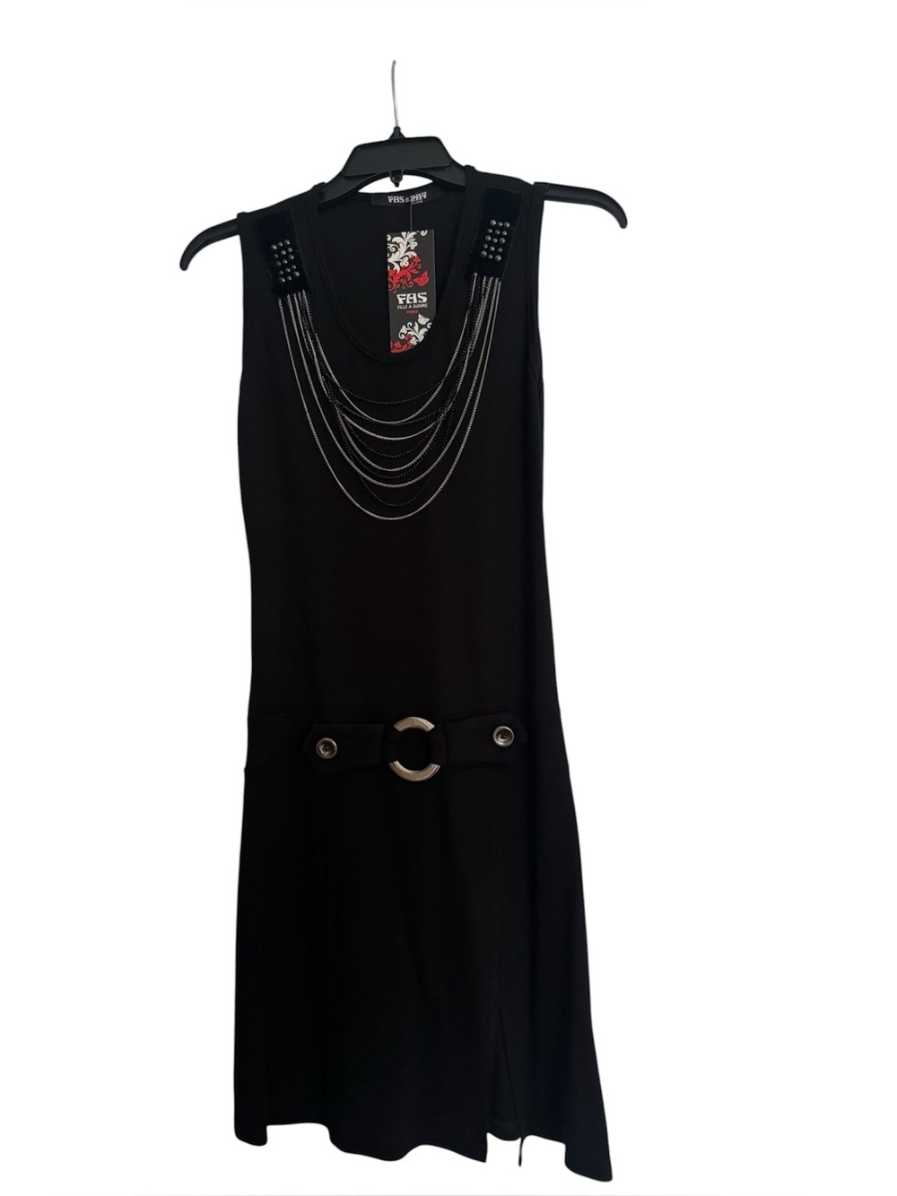 NWT Fas Paris Black Sleeveless Chain-Accent Dress